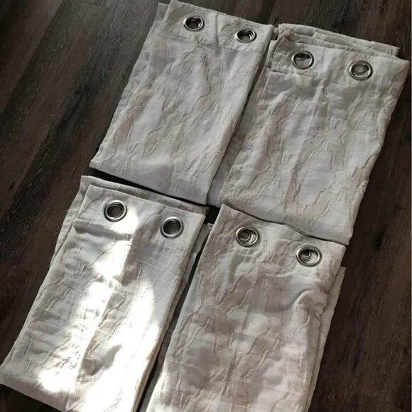 Pair of Beige 50W x 86.5L Sheer Curtains with Burlap Texture Design Overlay